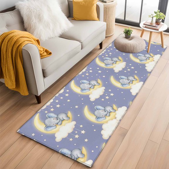 Rectangle Area Rug 2x6ft, Dreamy Baby Elephants Sleeping on Purple Non-Slip Non-Shedding Floor Mat, Moons Stars Washable Sturdy Carpet for Living Room Bedroom Home Decor