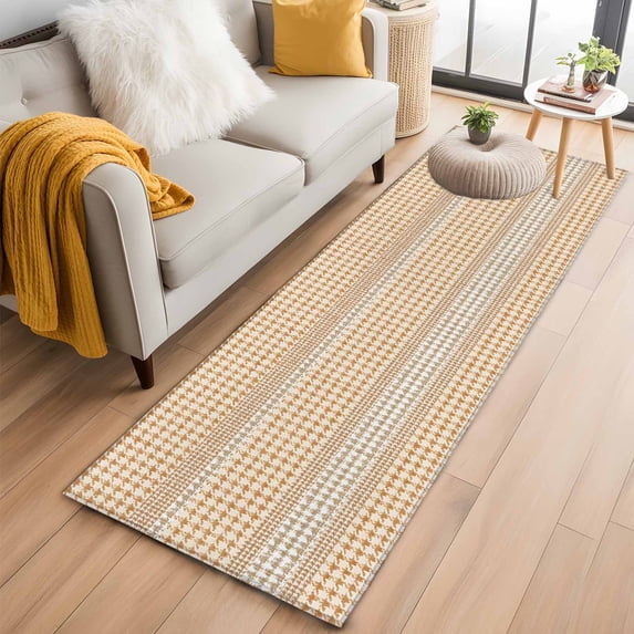 Rectangle Area Rug 2x6ft, Farm Lattice Houndstooth Pattern Non-Shedding Washable Area Rug, Rustic Beige Khaki Plaid Non Slip Low-Profile Rugs for Living Room, Bedroom Dining Room