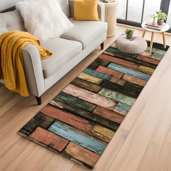 Rectangle Area Rug 2x6ft, Farmhouse Rustic Wooden Plank Barn Non-Slip Non-Shedding Floor Mat, Vintage Splicing Wood Board Washable Sturdy Carpet for Living Room Bedroom Home Decor