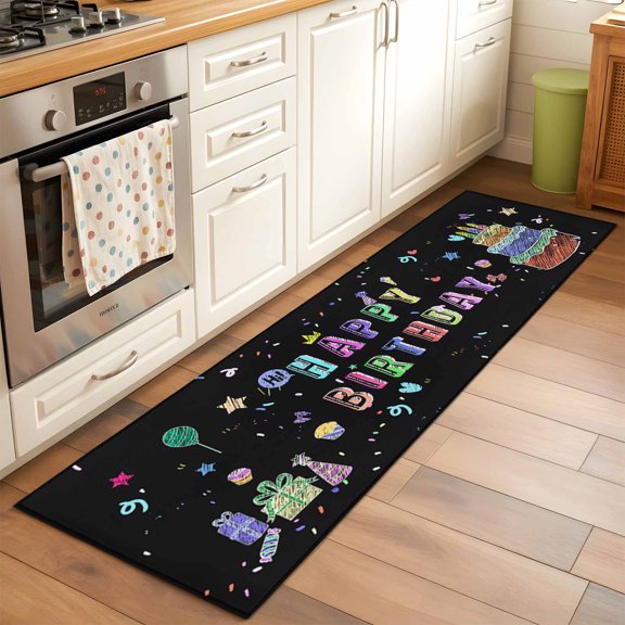 Rectangle Area Rug 2x6ft,Happy Birthday Colorful Line Cake Present Box Washable Carpet Non-Slip Runner Accent Rugs Indoor Floor Mat for Bedroom Living Room Decor,Black