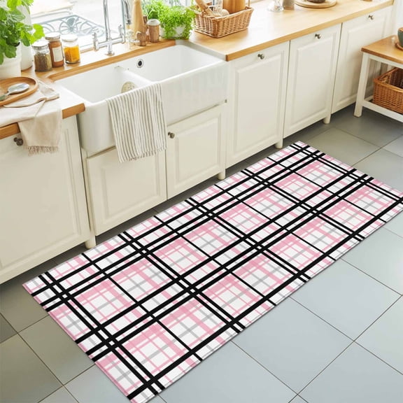 Rectangle Area Rug 2x6ft,Modern Geometric Buffalo Plaid Washable Carpet Non-Slip Runner Accent Rugs Indoor Floor Mat for Bedroom Living Room Decor,Black Pink Line Lattice
