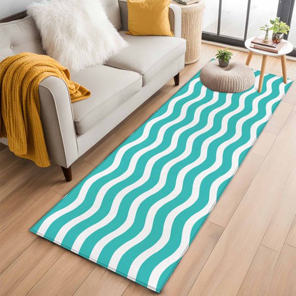 Rectangle Area Rug 2x6ft, Modern Minimalist Wave Stripe Art Non-Shedding Washable Area Rug, Ocean Teal Water Ripple Non Slip Low-Profile Rugs for Living Room, Bedroom Dining Room