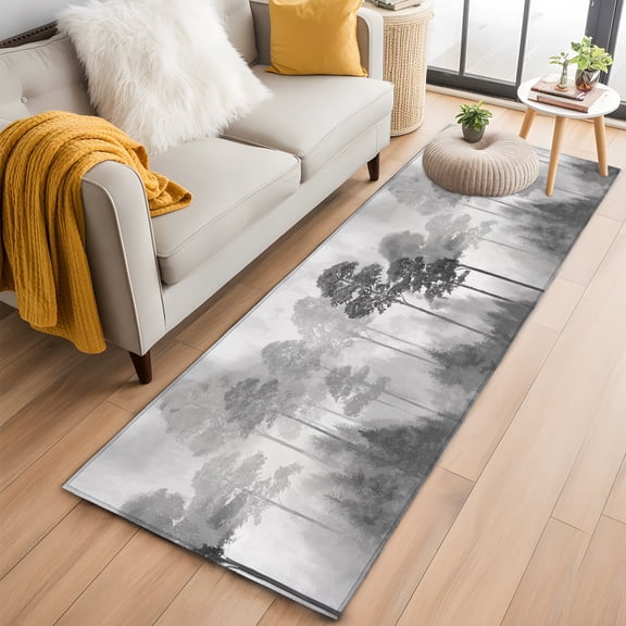 Rectangle Area Rug 2x6ft, Natural Misty Forest Pine Trees Non-Shedding Washable Area Rug, Monochromic Wild Plant Scene Non Slip Low-Profile Rugs for Living Room, Bedroom Dining Room