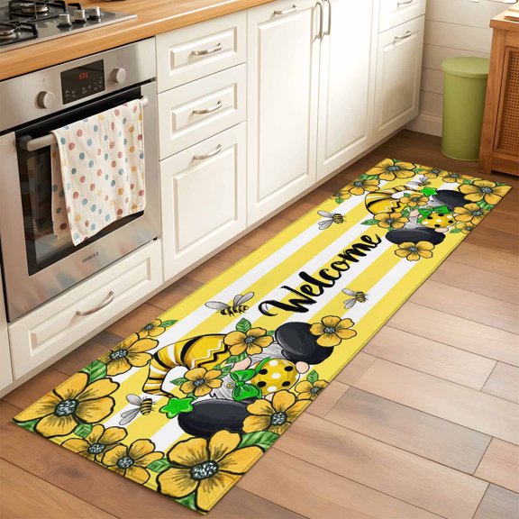 Rectangle Area Rug 2x6ft,Pastoral Gnome Yellow Flower Bee Green Leaves Washable Carpet Non-Slip Runner Accent Rugs Indoor Floor Mat for Bedroom Living Room Decor,Stripes