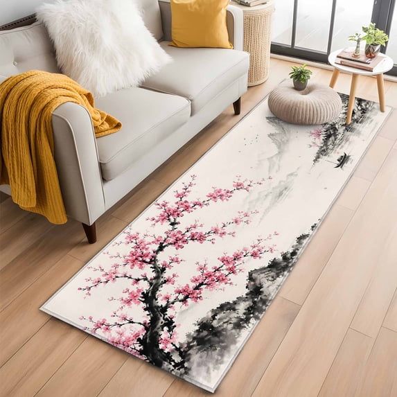 Rectangle Area Rug 2x6ft, Pink Cherry Mountain Non-Slip Non-Shedding ...