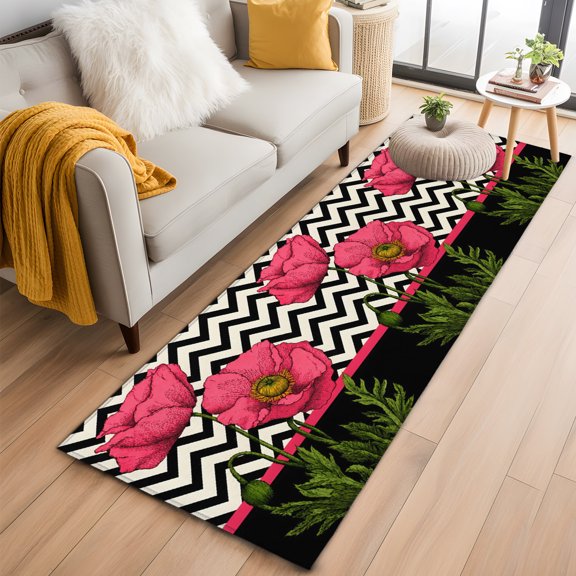 Rectangle Area Rug 2x6ft, Pink Poppy Flower Retro Boho Non-Shedding Washable Area Rug, Abstract Black Herringbone Non Slip Low-Profile Rugs for Living Room, Bedroom Dining Room