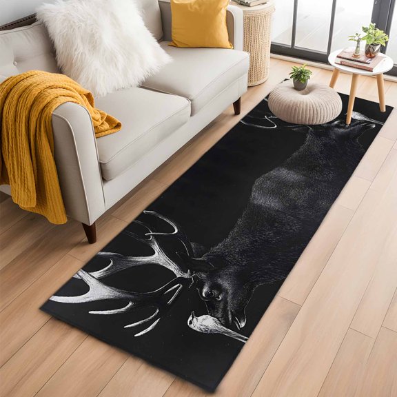 Rectangle Area Rug 2x6ft, Retro Antelope Bird on Black Non-Shedding Washable Area Rug, Vintage Abstract Animal Non Slip Low-Profile Rugs for Living Room, Bedroom Dining Room