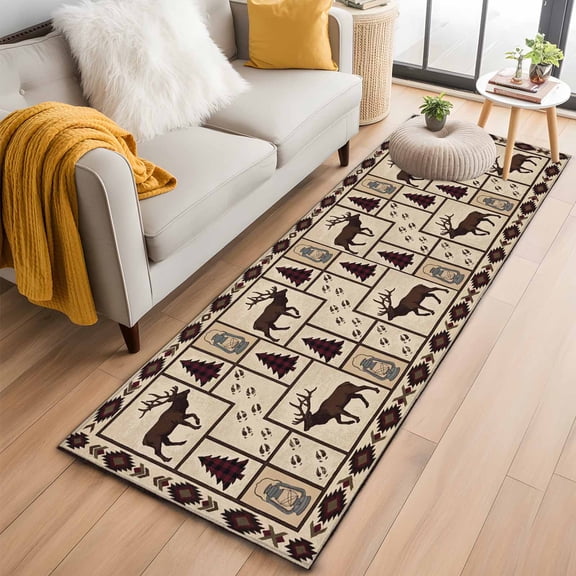 Rectangle Area Rug 2x6ft, Retro Southwest Geometric Non-Shedding Washable Area Rug, Reindeer Pine Tree Non Slip Low-Profile Rugs for Living Room, Bedroom Dining Room