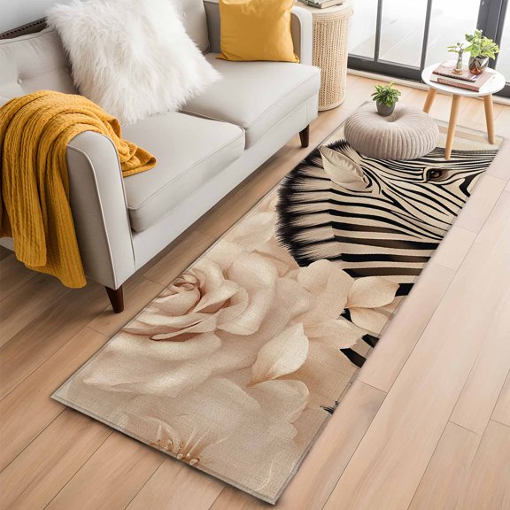 Rectangle Area Rug 2x6ft, Retro Style Flowers Rose Non-Shedding Washable Area Rug, Black Zebra Stripe Non Slip Low-Profile Rugs for Living Room, Bedroom Dining Room
