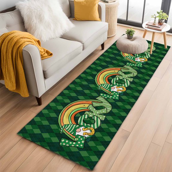 Rectangle Area Rug 2x6ft, Rustic Gnome Rainbow Diamond Non-Shedding Washable Area Rug, St. Patrick's Day Lucky Text Non Slip Low-Profile Rugs for Living Room, Bedroom Dining Room