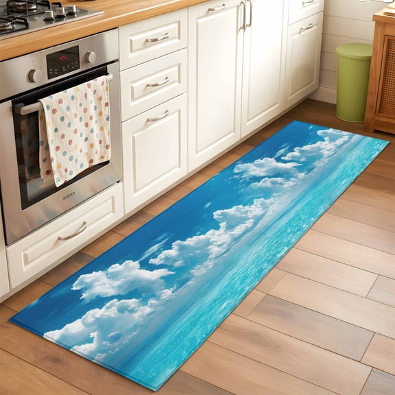 Rectangle Area Rug 2x6ft,Sea Wave Blue Sky White Clouds Washable Carpet Non-Slip Runner Accent Rugs Indoor Floor Mat for Bedroom Living Room Decor,Summer Beach Theme