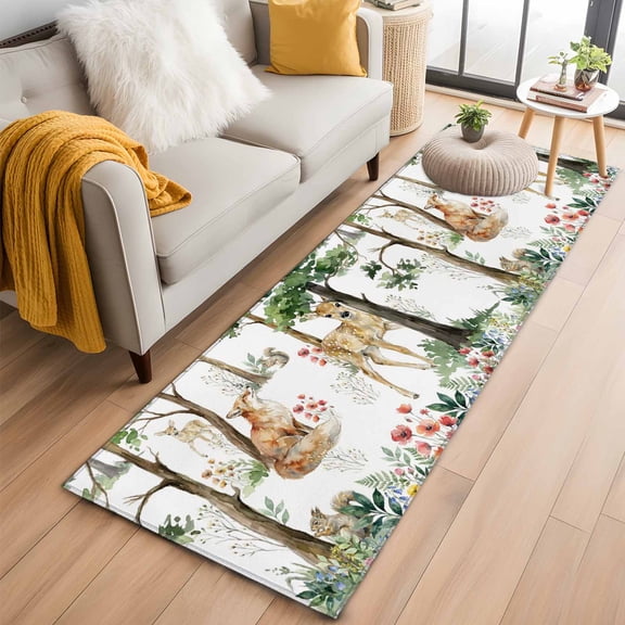 Rectangle Area Rug 2x6ft, Small Deer Fox Squirrels Flowers Non-Slip Non-Shedding Floor Mat, Green Leaves Forest Washable Sturdy Carpet for Living Room Bedroom Home Decor