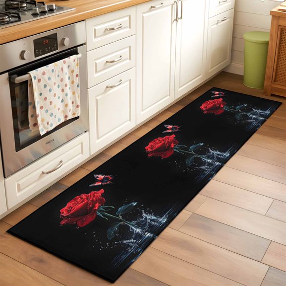 Rectangle Area Rug 2x6ft,Splash Drop Red Rose Butterfly on Black Washable Carpet Non-Slip Runner Accent Rugs Indoor Floor Mat for Bedroom Living Room Decor,Modern Abstract Art