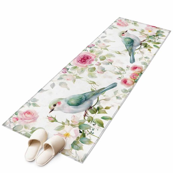 Rectangle Area Rug 2x6ft,Spring Bird Pink Peach Blossom Washable Carpet Non-Slip Runner Accent Rugs Indoor Floor Mat for Bedroom Living Room Decor,Watercolor Green Leaves