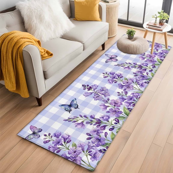 Rectangle Area Rug 2x6ft, Spring Flower Butterfly Non-Shedding Washable Area Rug, Pastoral Floral Purple Buffalo Check Non Slip Low-Profile Rugs for Living Room, Bedroom Dining Room
