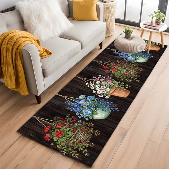 Rectangle Area Rug 2x6ft, Spring Flowers Embroidery Balloons Non-Shedding Washable Area Rug, Brown Wood Patterns Non Slip Low-Profile Rugs for Living Room, Bedroom Dining Room