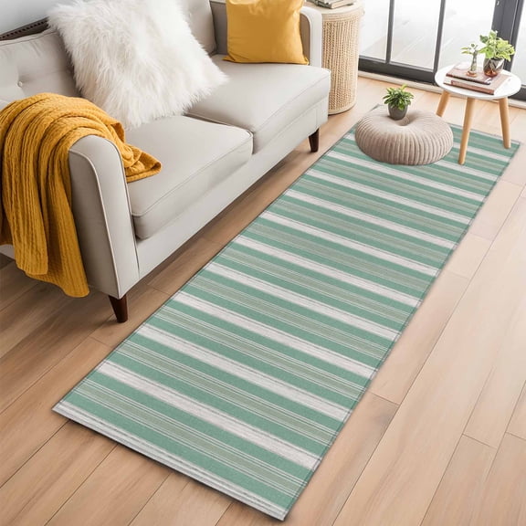 Rectangle Area Rug 2x6ft, Spring Sage White Stripes Non-Shedding Washable Area Rug, Olive Tones Lines Non Slip Low-Profile Rugs for Living Room, Bedroom Dining Room