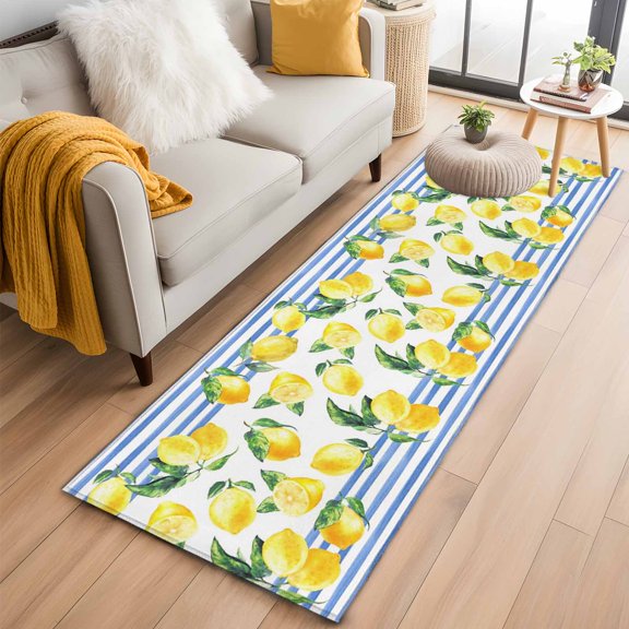 Rectangle Area Rug 2x6ft, Summer Lemon Blue Stripes Non-Slip Non-Shedding Floor Mat, Pastoral Green Leaves Washable Sturdy Carpet for Living Room Bedroom Home Decor