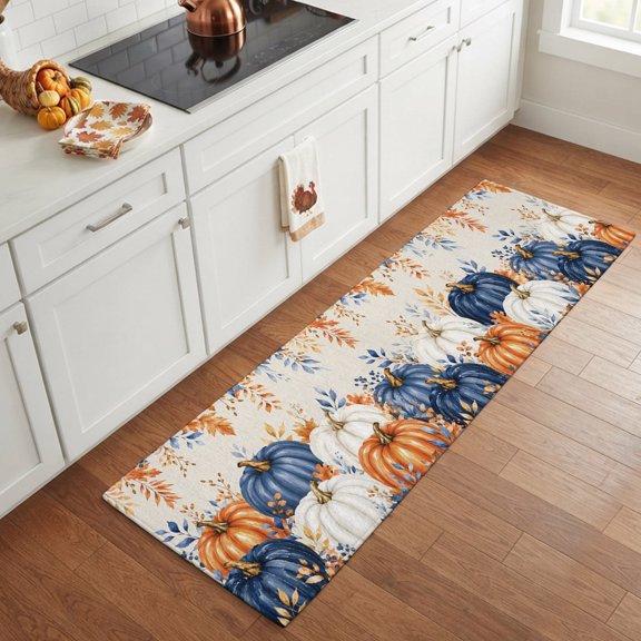 Rectangle Area Rug 2x6ft,Thanksgiving Pumpkin Fall Leaf Washable Carpet Non-Slip Runner Accent Rugs Indoor Floor Mat for Bedroom Living Room Decor,Orange Blue White Plant Retro Linen
