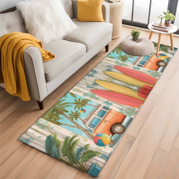 Rectangle Area Rug 2x6ft, Tropical Beach Vacation Surfboard Non-Slip Non-Shedding Floor Mat, Coconut Tree Camper Van Washable Sturdy Carpet for Living Room Bedroom Home Decor