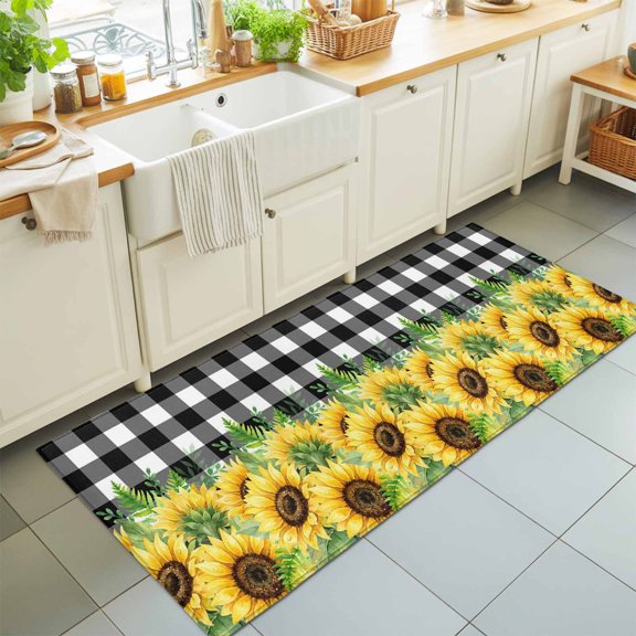 Rectangle Area Rug 2x6ft,Watercolor Garden Blossom Sunflower Living Room Rug Non-Slip Washable Circle Rugs Pad,Farm Black White Checker Soft Floor Carpet for Bedroom Dining Room