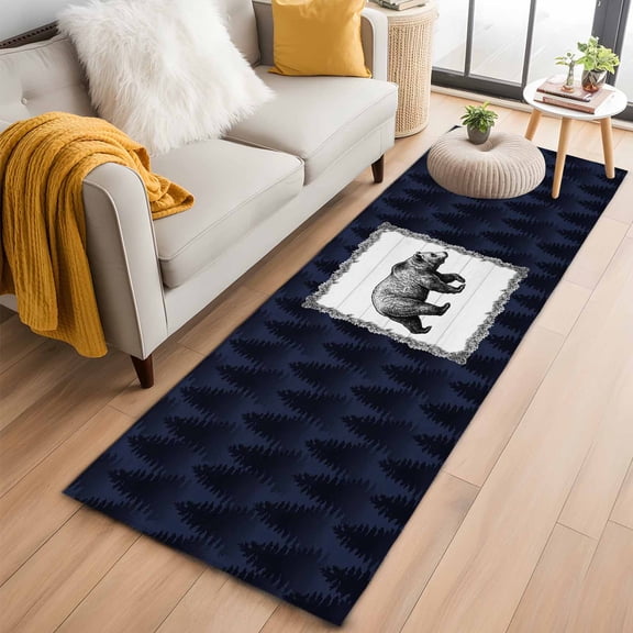 Rectangle Area Rug 2x6ft, Wild Bear Pine Needle Wood Grain Non-Shedding Washable Area Rug, Blue Forest Textures Non Slip Low-Profile Rugs for Living Room, Bedroom Dining Room