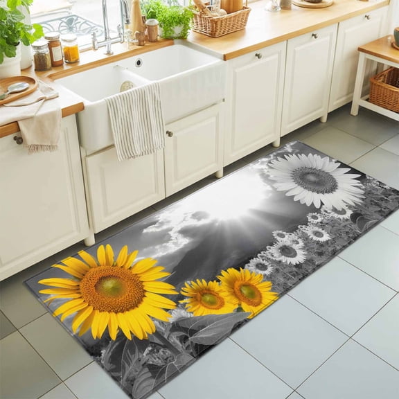 Rectangle Area Rug 2x6ft,Yellow Sunflower Field Washable Carpet Non-Slip Runner Accent Rugs Indoor Floor Mat for Bedroom Living Room Decor,Modern Grey Floral Partial Color Art