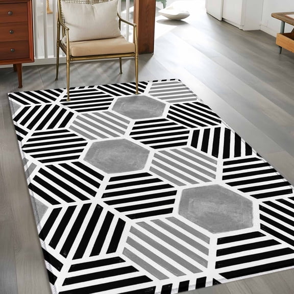 Rectangle Area Rug 3x5ft,Abstract Geometric Hexagon Stripes Washable Carpet Non-Slip Runner Accent Rugs Indoor Floor Mat for Bedroom Living Room Decor,Modern Black Gray White