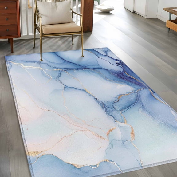 Rectangle Area Rug 3x5ft,Abstract Ocean Marble Texture Washable Carpet Non-Slip Runner Accent Rugs Indoor Floor Mat for Bedroom Living Room Decor,Simple Golden Line Art