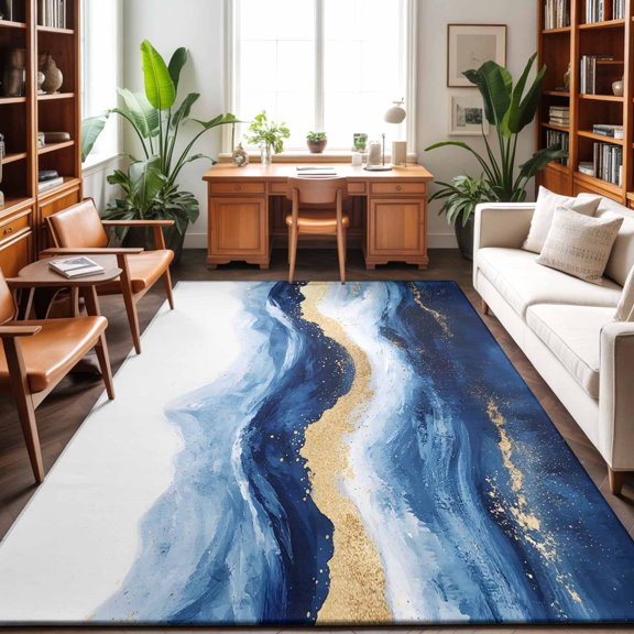 Rectangle Area Rug 3x5ft,Abstract Ocean Rough Sea Washable Carpet Non-Slip Runner Accent Rugs Indoor Floor Mat for Bedroom Living Room Decor,Marine Big Wave Navy Blue Gold
