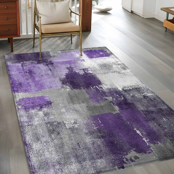 Rectangle Area Rug 3x5ft,Abstract Purple Grey Smear Graffiti Washable Carpet Non-Slip Runner Accent Rugs Indoor Floor Mat for Bedroom Living Room Decor,Oil Painting Art