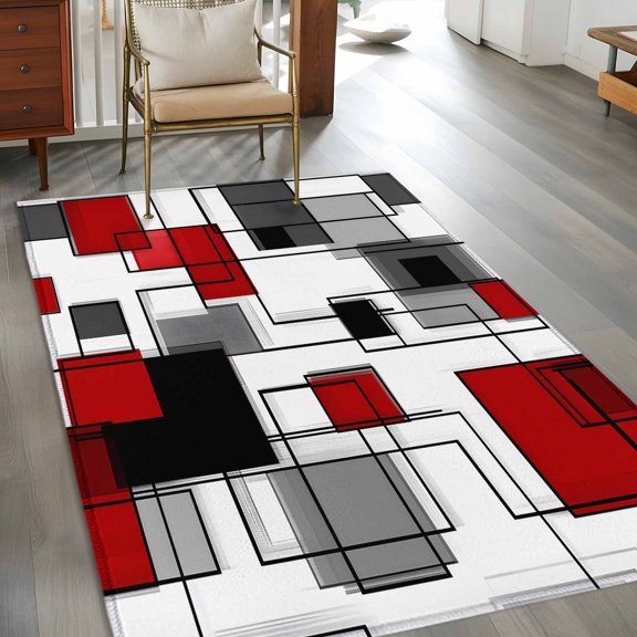 Rectangle Area Rug 3x5ft,Abstract Stitching Irregular Line Washable Carpet Non-Slip Runner Accent Rugs Indoor Floor Mat for Bedroom Living Room Decor,Red White Black