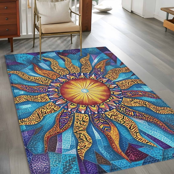 Rectangle Area Rug 3x5ft,Abstract Sun Pattern Washable Carpet Non-Slip Runner Accent Rugs Indoor Floor Mat for Bedroom Living Room Decor,Classic Bohemian Flame