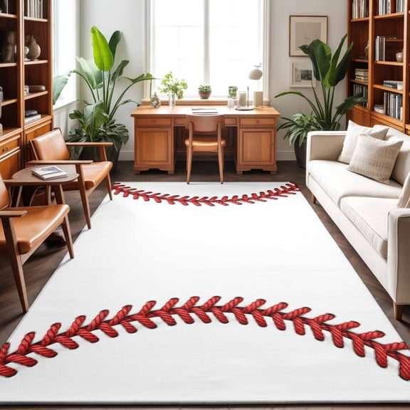 Rectangle Area Rug 3x5ft,Baseball Stitches Texture Washable Carpet Non-Slip Runner Accent Rugs Indoor Floor Mat for Bedroom Living Room Decor,Modern Minimalist Sport Theme