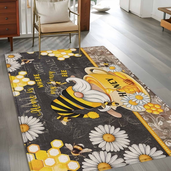 Rectangle Area Rug 3x5ft,Bee Gnome Honeycomb Washable Carpet Non-Slip Runner Accent Rugs Indoor Floor Mat for Bedroom Living Room Decor,Rustic Daisy Floral Retro Blackboard