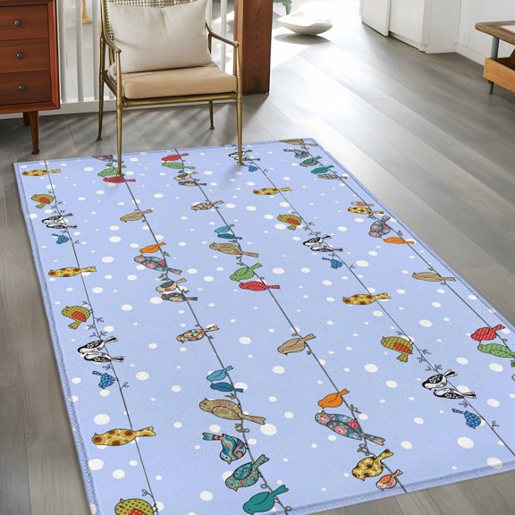 Rectangle Area Rug 3x5ft,Birds Sparrows on Cables Washable Carpet Non-Slip Runner Accent Rugs Indoor Floor Mat for Bedroom Living Room Decor,White Snow Points