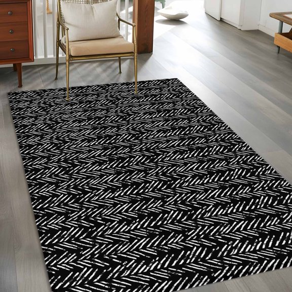 Rectangle Area Rug 3x5ft,Black Herringbone Art Washable Carpet Non-Slip Runner Accent Rugs Indoor Floor Mat for Bedroom Living Room Decor,Abstract Geometric Striped