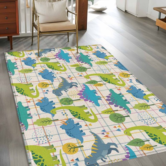 Rectangle Area Rug 3x5ft,Blue Green Dinosaurs Cute Geometric Washable Carpet Non-Slip Runner Accent Rugs Indoor Floor Mat for Bedroom Living Room Decor,Summer Forest Trees