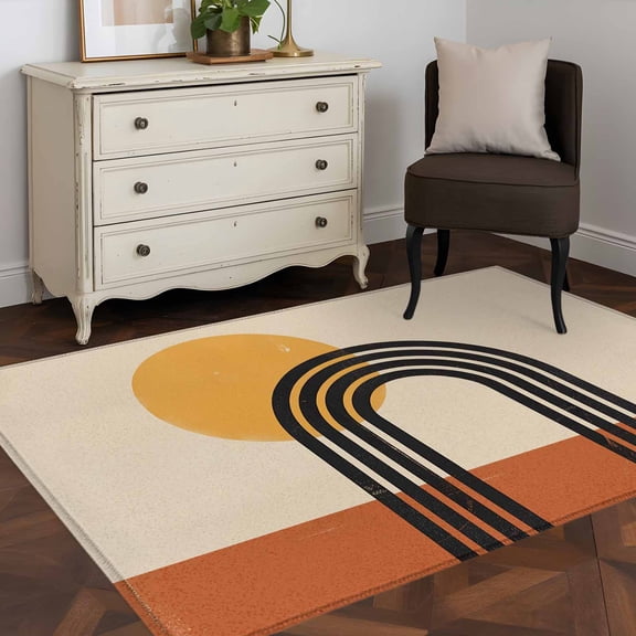 Rectangle Area Rug 3x5ft,Boho Black Arch Sun Texture Washable Carpet Non-Slip Runner Accent Rugs Indoor Floor Mat for Bedroom Living Room Decor,Orange Beige Color Block