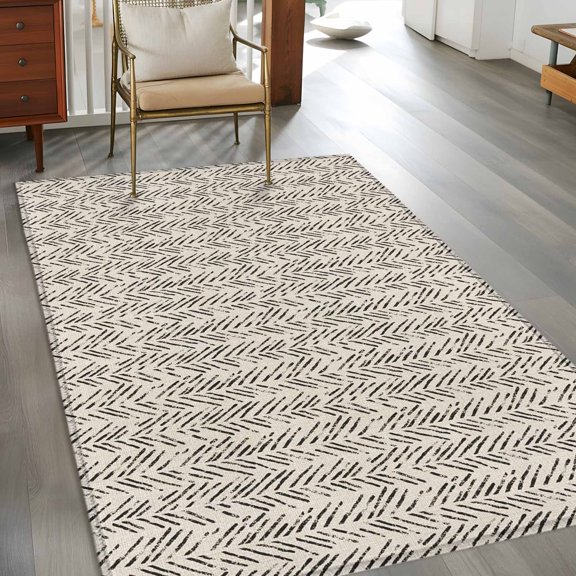 Rectangle Area Rug 3x5ft,Brown Herringbone Art Washable Carpet Non-Slip Runner Accent Rugs Indoor Floor Mat for Bedroom Living Room Decor,Abstract Geometric Striped on Linen
