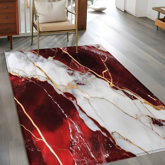 Rectangle Area Rug 3x5ft,Burgundy Red White Marble Washable Carpet Non-Slip Runner Accent Rugs Indoor Floor Mat for Bedroom Living Room Decor,Modern Abstract Stone Crack Texture