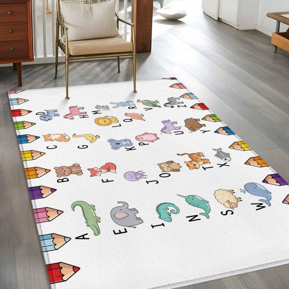 Rectangle Area Rug 3x5ft,Cartoon Animal Cute Letter Washable Carpet Non-Slip Runner Accent Rugs Indoor Floor Mat for Bedroom Living Room Decor,Colored Crayon