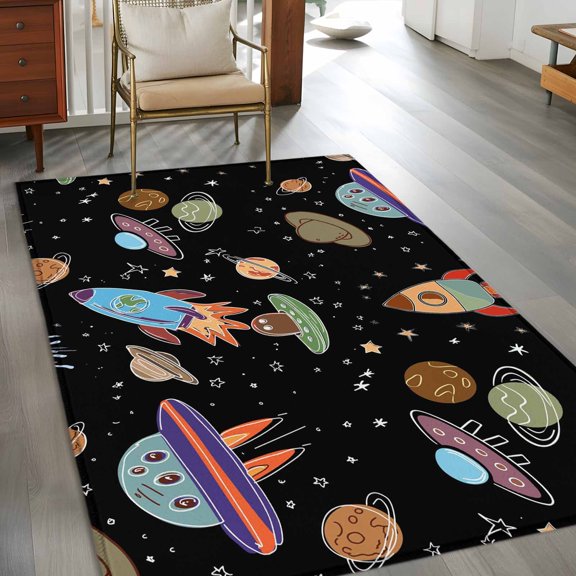 Rectangle Area Rug 3x5ft,Cartoon Rocket Space Planet Washable Carpet Non-Slip Runner Accent Rugs Indoor Floor Mat for Bedroom Living Room Decor,Cute Spaceship on Black