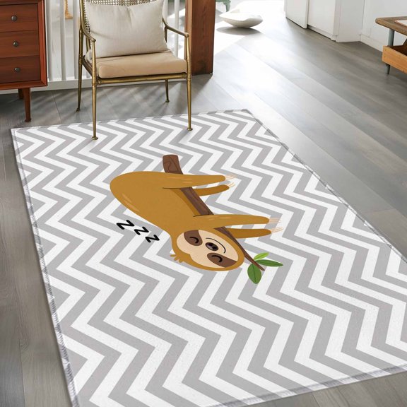 Rectangle Area Rug 3x5ft,Cartoon Sloth Tree Branch Washable Carpet Non-Slip Runner Accent Rugs Indoor Floor Mat for Bedroom Living Room Decor,Gray Chevron Stripe Animal