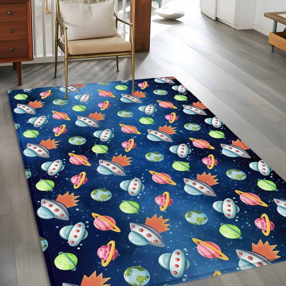 Rectangle Area Rug 3x5ft,Cartoon Spaceship Dream Planet Washable Carpet Non-Slip Runner Accent Rugs Indoor Floor Mat for Bedroom Living Room Decor,Outer Space Stars Moon