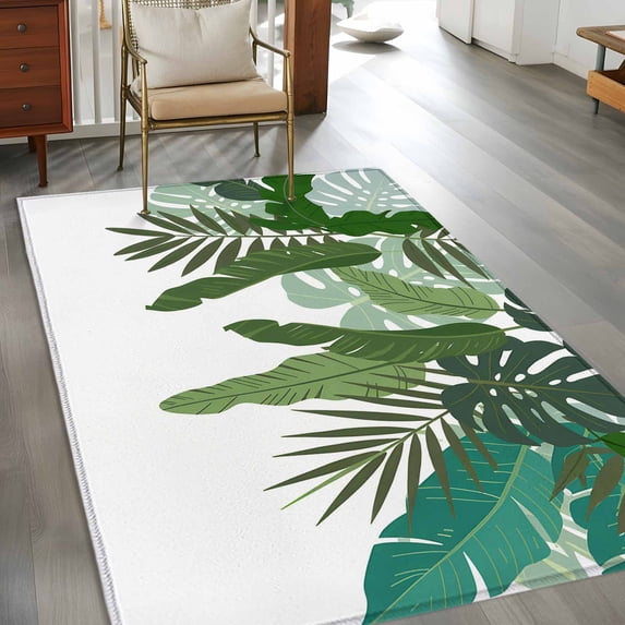 Rectangle Area Rug 3x5ft,Cartoon Tropical Plants Washable Carpet Non-Slip Runner Accent Rugs Indoor Floor Mat for Bedroom Living Room Decor,Watercolor Green Monstera