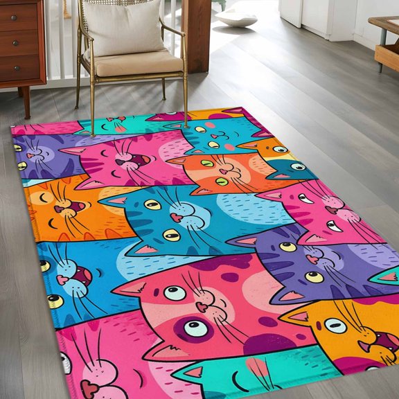 Rectangle Area Rug 3x5ft,Children's Day Lovely Cats Washable Carpet Non-Slip Runner Accent Rugs Indoor Floor Mat for Bedroom Living Room Decor,Pink Blue Kitty