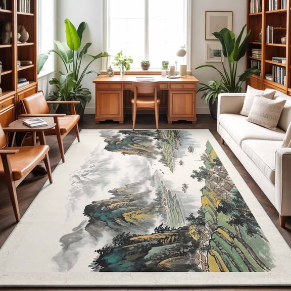 Rectangle Area Rug 3x5ft,Chinese Mountains Trees Sailboats Washable Carpet Non-Slip Runner Accent Rugs Indoor Floor Mat for Bedroom Living Room Decor,Ink Painting Art
