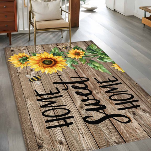 Rectangle Area Rug 3x5ft,Country Sunflower Bee Green Leaves Washable Carpet Non-Slip Runner Accent Rugs Indoor Floor Mat for Bedroom Living Room Decor,Farm Retro Wood Board