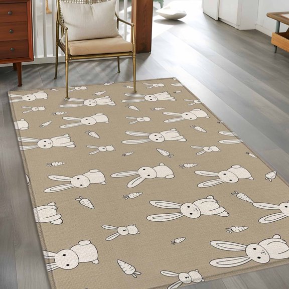 Rectangle Area Rug 3x5ft,Cute Rabbit Farm Bunny on Brown Washable Carpet Non-Slip Runner Accent Rugs Indoor Floor Mat for Bedroom Living Room Decor,Farmhouse Animal Carrot